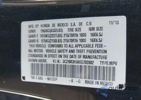 2014 Honda Cr-V Lx из США, поврежденный, VIN 3CZRM3H34EG702802